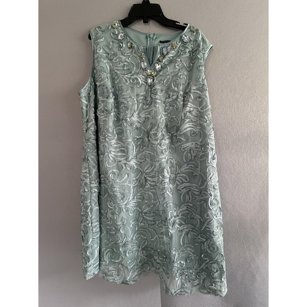 Jessica Howard Dress Womens 20W Green Floral Rhinestone Mesh Shift Knee‎ Length